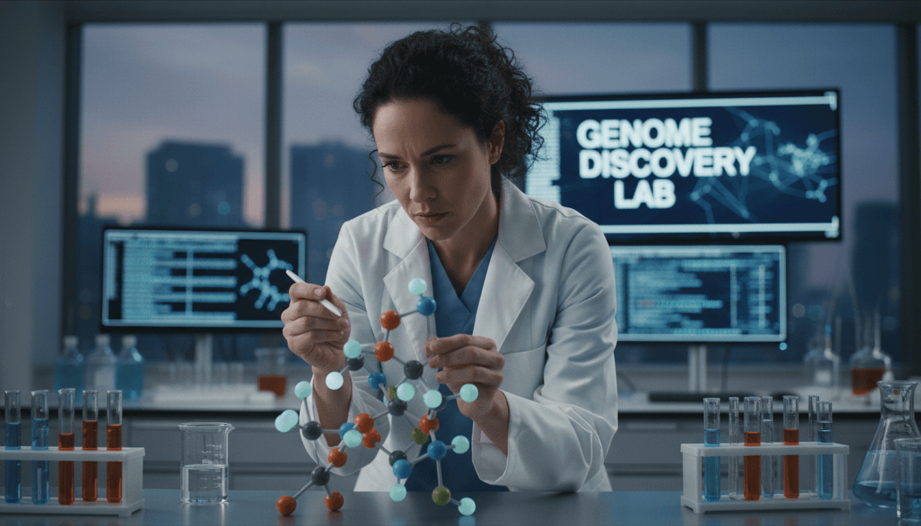 Researcher examining precision peptide molecular compounds